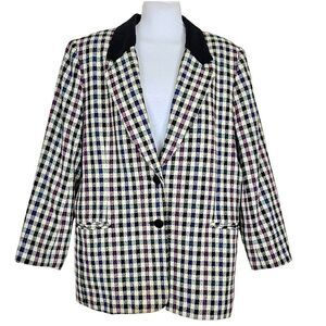 Vintage Requirements Wool Blend Plaid Velvet Trim Blazer Jacket Size 12